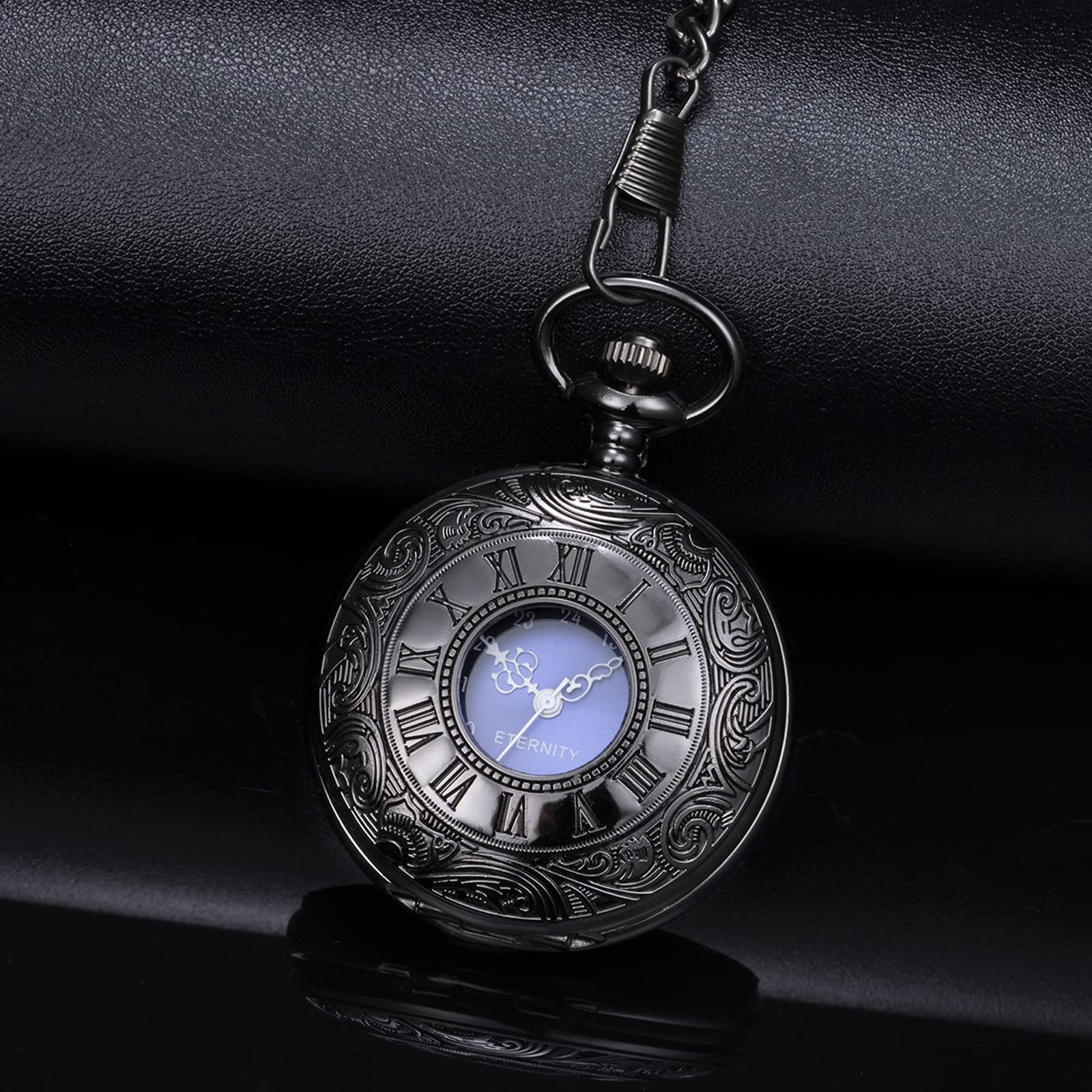 BOSHIYA Vintage Pocket Watch with Chain, Mens Quartz Bronze Pocket Watch with Roman Numerals Scale and Unique Blue Dial Apply to Christmas Graduation Birthday Gifts Fathers Day