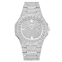 PINTIME Luxury Mens/Womens Unisex Diamond Watch Bling Iced-Out Watch Oblong Wristwatch Crystal Quartz Watch