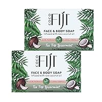 Coco Fiji Soap Bar for Face and Body Infused With Organic Coconut Oil, Tea Tree Spearmint, Essential Oil, Natural Soap for Moisturizing & Pore Purifying Skin, 7 oz,Pack of 2