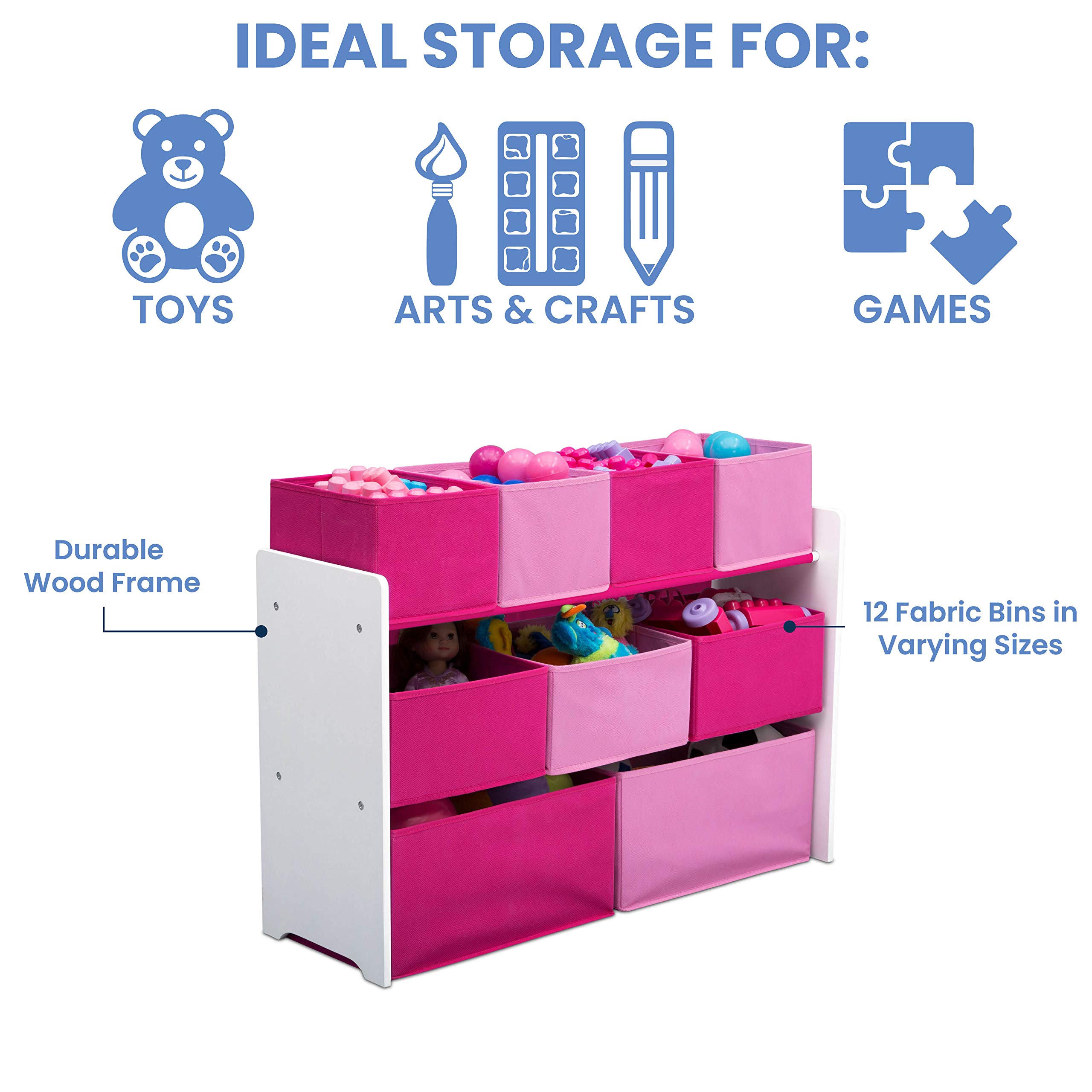 Delta Children Deluxe Multi-Bin Toy Organizer with Storage Bins - Greenguard Gold Certified, White/Pink Bins