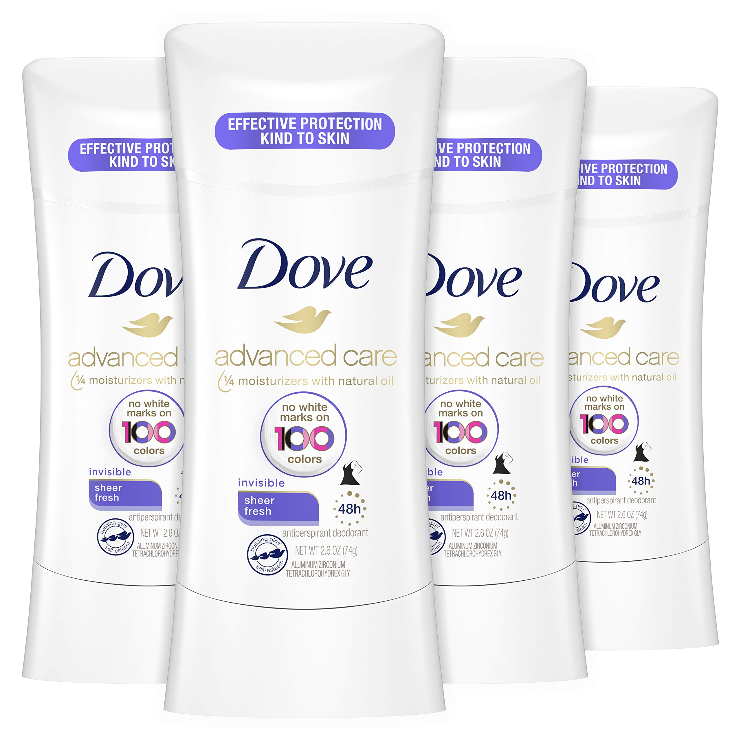 Dove Antiperspirant Deodorant Stick No White Marks on 100 Colors Sheer Fresh 48Hour Sweat and Odor Protecting Deodorant for Women oz 4 Count, 2.6 Ounce