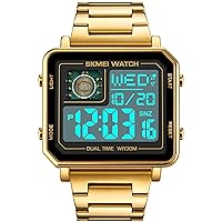 findtime Quadratische Herren Uhr Digital Edelstahl Silber Armbanduhr mit Doppelzeit Timer Stoppuhr Luxus Business Quarzuhr Vintage Retro Design
