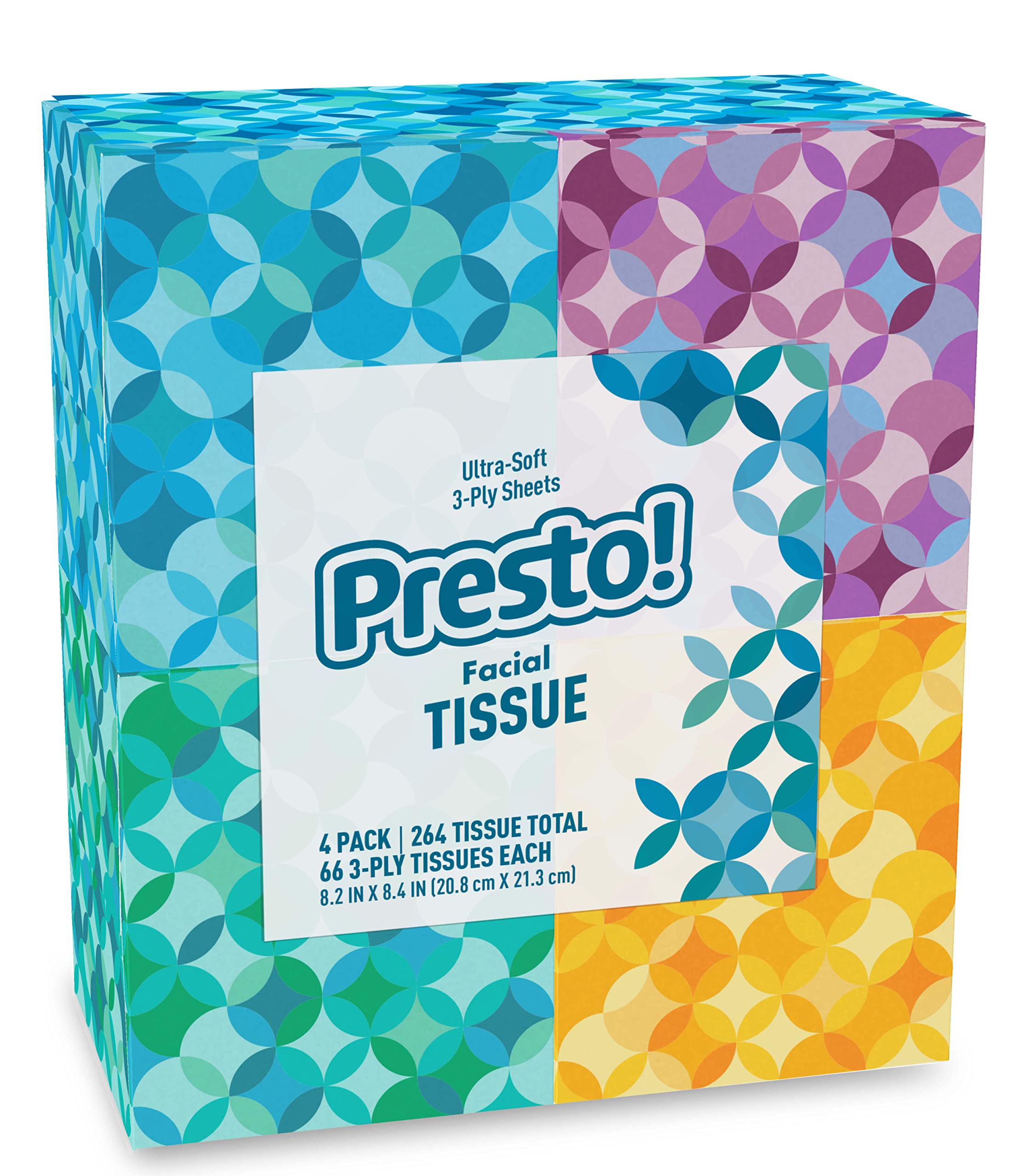 Amazon Brand - Presto! Ultra-Soft 3-Ply Premium Facial Tissues, 66 Tissues per Box, 4 Cube Boxes (264 total)