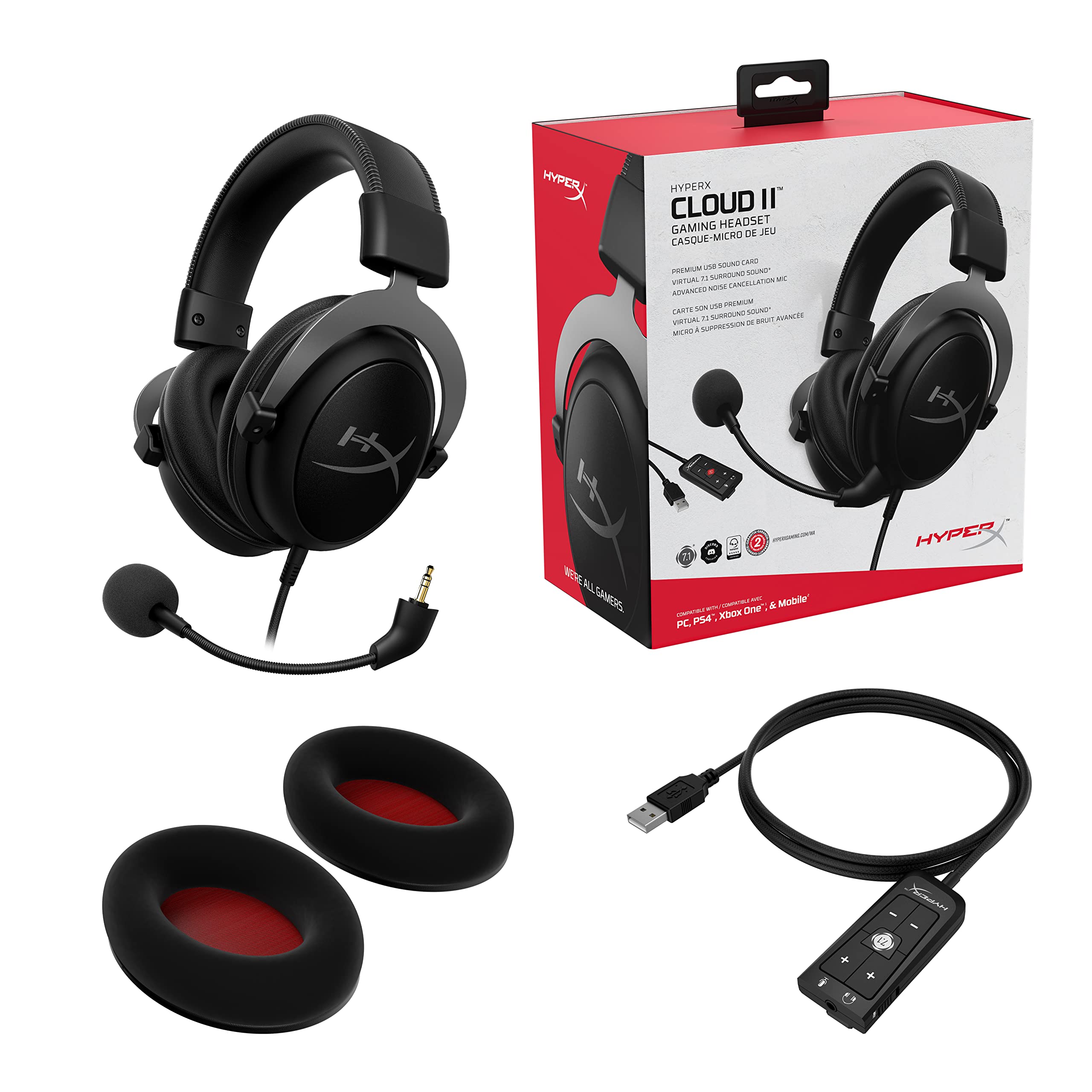 HyperX Cloud II Gaming Headset - 7.1 Surround Sound - Memory Foam Ear Pads - Durable Aluminum Frame - Works with PC, PS4, PS4 PRO, Xbox One, Xbox One S - Gun Metal (KHX-HSCP-GM)