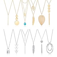 Fecsiory 12 Pcs Long Pendant Necklace for Women, Gold Bar Feather Triangle Leaf Lock Tassel Y Necklace Jewelry Set for Girls