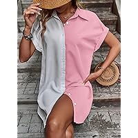 Women's Dress Dresses for Women Two Tone Batwing Sleeve Shirt Dress (Color : Pink, Size : X-Large)