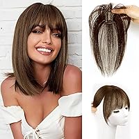Clip in Bangs - 100% Human Hair Fack Bangs Clip in Hair Extensions Light Brown Wispy Bangs Clip on Bangs for Women Fringe with Temples Hairpieces Curved Bangs for Daily Wear