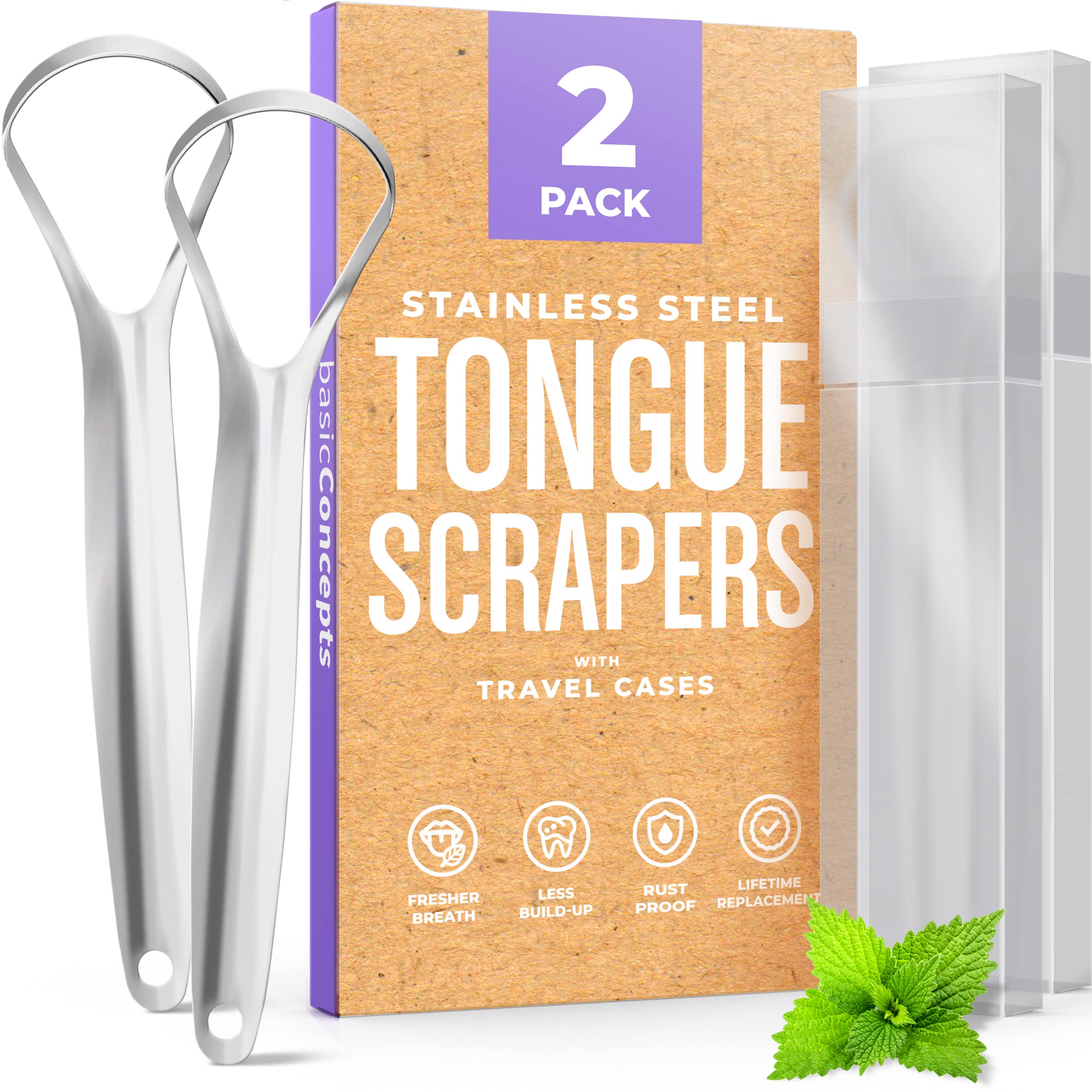 BASIC CONCEPTS Tongue Scraper for Adults (2 Pack), Reduce Bad Breath (Travel Cases Included), Stainless Steel Tongue Cleaners, 100% Metal Tongue Scraper with Case Fresh Breath Tongue Cleaner Oral