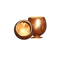 Set of Two (2) 100% Real, Natural, Polished Coconut Shell Drinking Cups made of Coconut Cups on Wooden Bases