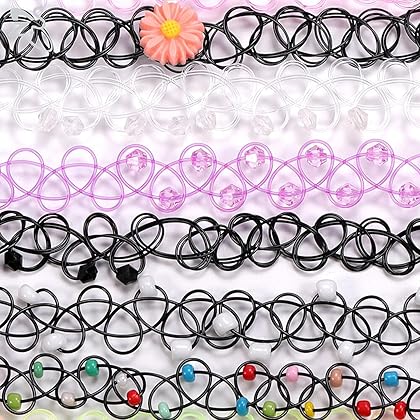 BodyJ4You 12PC Tattoo Choker Necklace Set - 90s Accessories Women Teen Girls Kids - Flower Charms Rainbow Multicolor Stretchy Jewelry - Summer Style Gift Idea