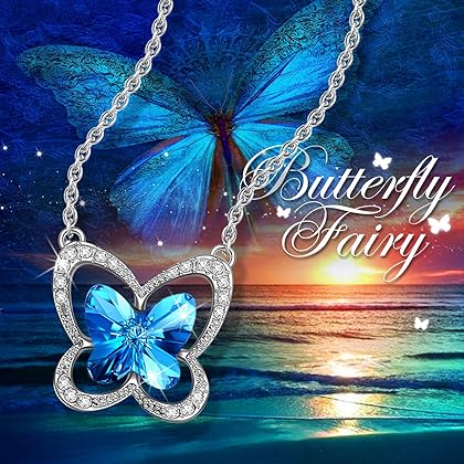 LADY COLOUR Blue Butterfly Stylish Crystal Necklace/Bracelet for Women, Hypoallergenic Jewelry Gift Box Packing, Nickel Free Passed SGS Test, Valentines Day Birthday Gifts for Her