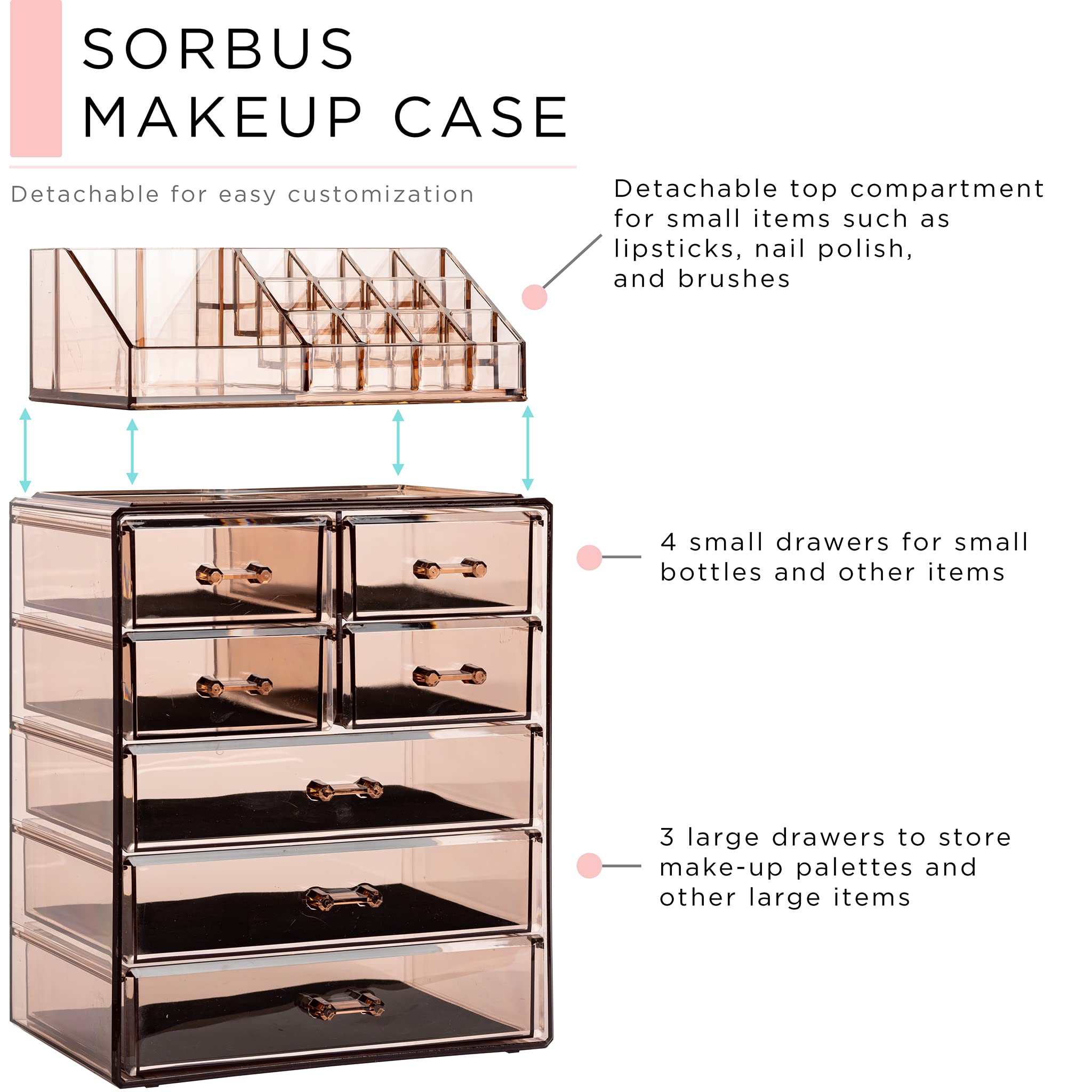 Sorbus Clear Cosmetic Makeup Organizer - Make Up & Jewelry Storage, Case & Display - Spacious Design - Great Holder for Dresser, Bathroom, Vanity & Countertop (3 Large, 4 Small Drawers) [Bronze Glow]