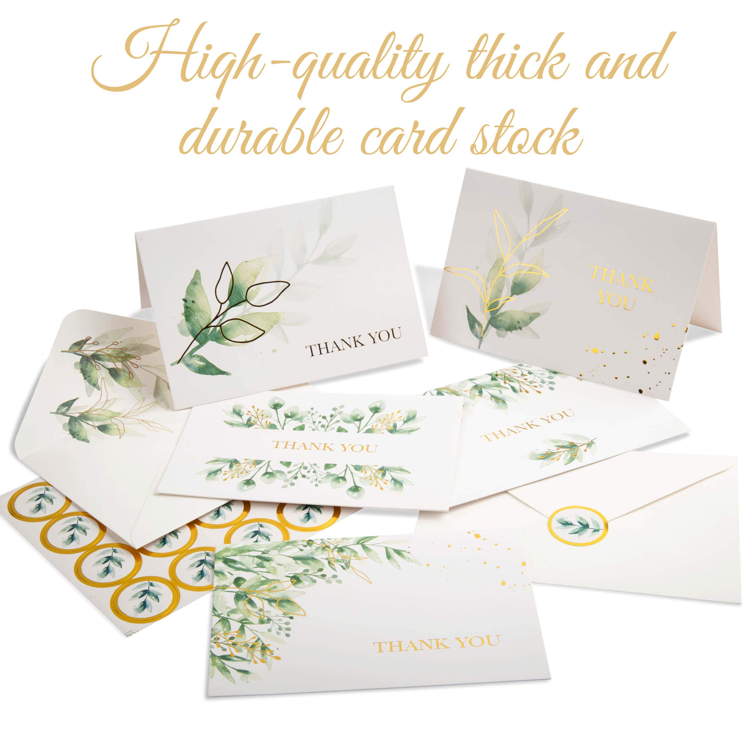 100 Greenery & Gold Foil Thank You Cards w/ Envelopes & Stickers, Bulk Boxed Set Assortment of Watercolor Green Leaves Floral Notes, Assorted Botanical Cards Pack for Wedding / Baby Shower