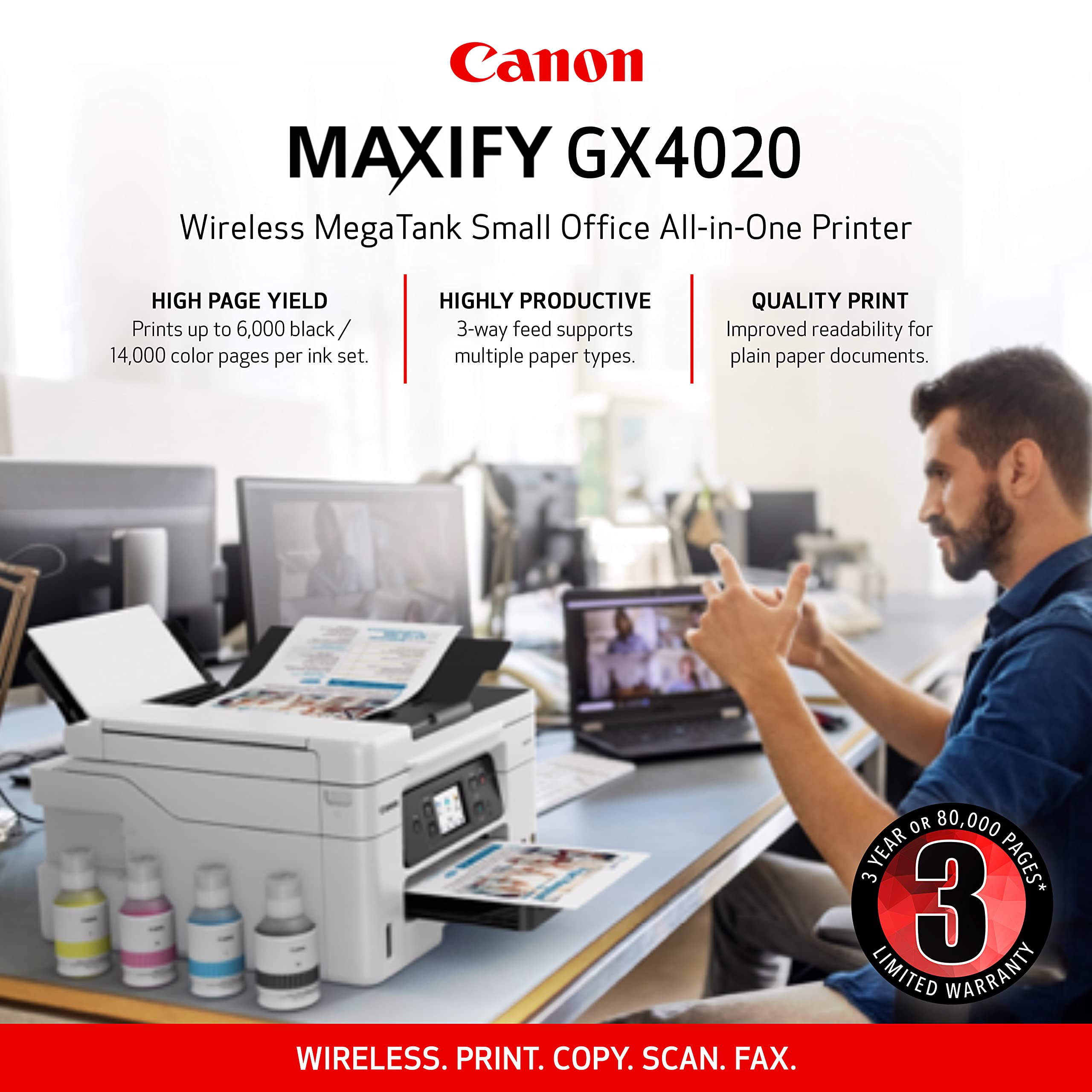 Canon Megatank GX4020 All-in-One Wireless Supertank Printer with Print, Copy, Scan and Fax | Auto Document Feeder | Mobile Printing | 2.7