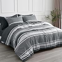 PHF 7 Pieces California King Comforter Set, Striped Bed in A Bag, Charcoal Grey White Comforter & 18