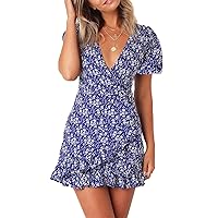 Relipop Summer Women Short Sleeve Print Dress V Neck Casual Short Dresses