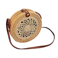 Handwoven Round rattan bag for Women Shoulder bags with tassels and leather strap (Natural (Medium))