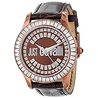 Just Cavalli Women's Gold Ion-Plated Coated Stainless Steel Brown Genuine Leather Swarovski Crystal Watch