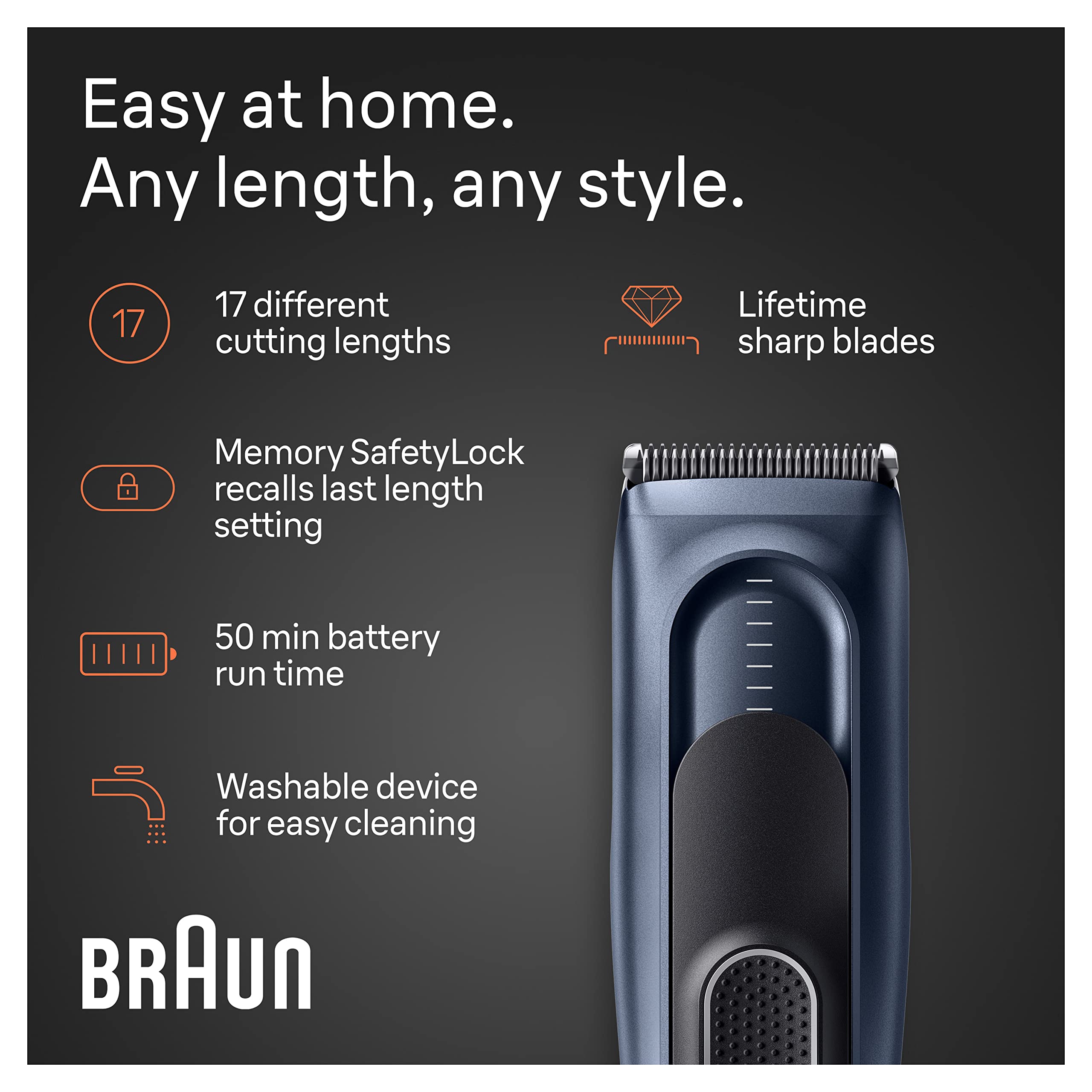 Braun Hair Clippers Series 5 5350, Hair Clippers for Men, Hair Clip from Home with 17 Length Settings, Incl. Memory SafetyLock Recall Setting, Ultra-Sharp Blades, 2 Combs, Pouch, Washable