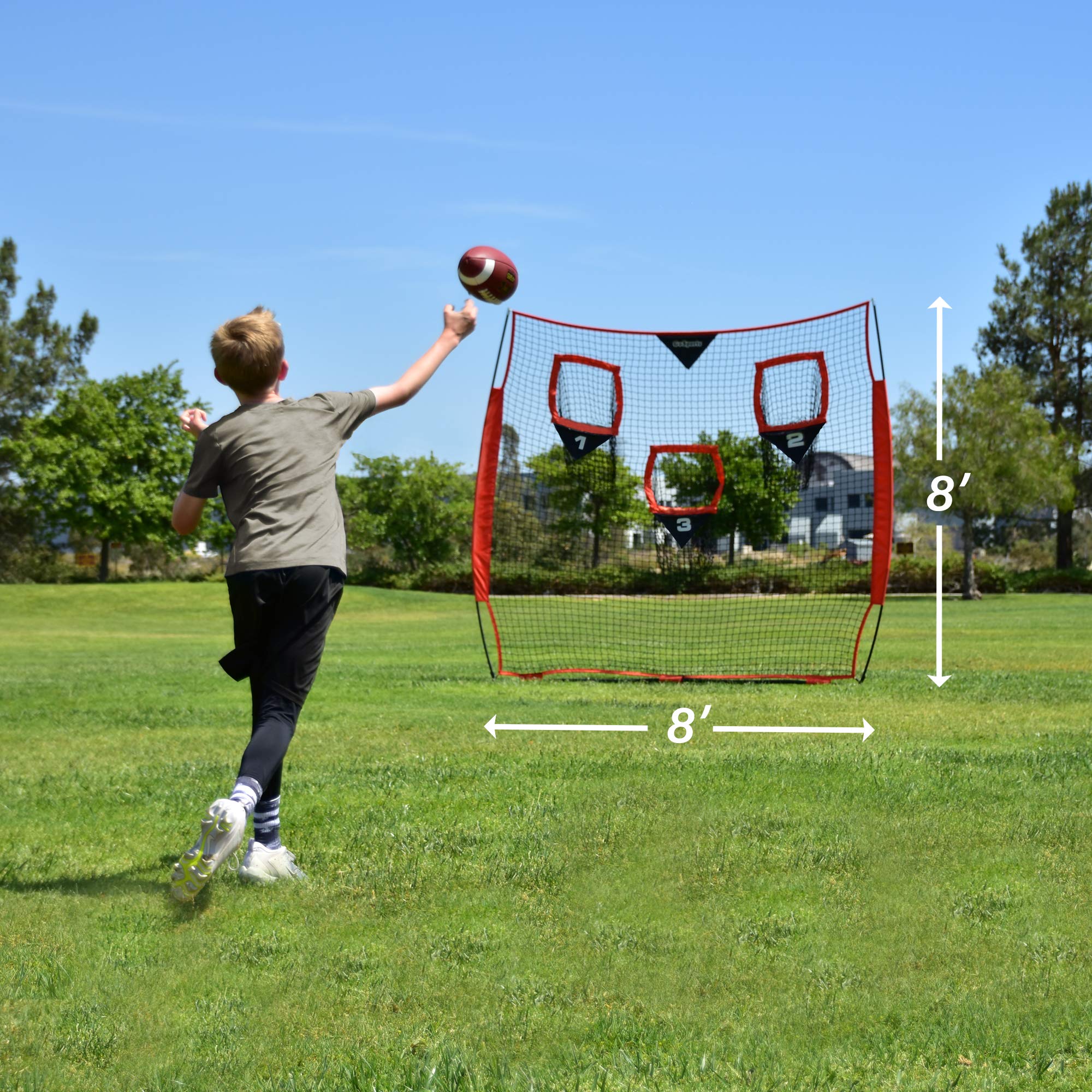 GoSports Football Trainer Throwing Net - Choose Between 8 ft x 8 ft or 6 ft x 6 ft Nets - Improve QB Throwing Accuracy - Includes Foldable Bow Frame and Portable Carry Case