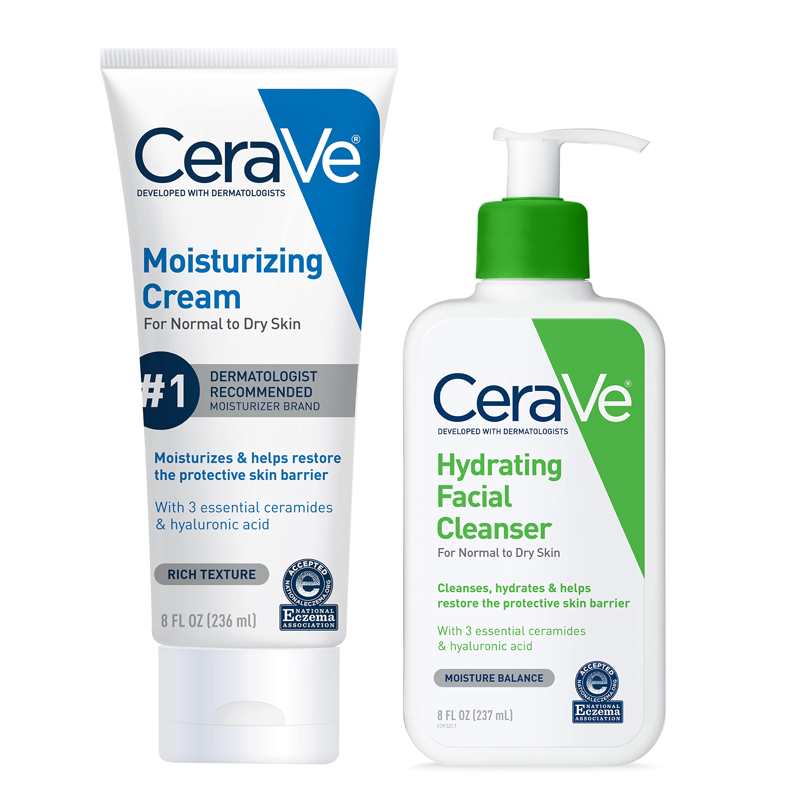 CeraVe Moisturizing Cream and Hydrating Skin Care Set for Dry Skin | Face & Body Cream and Non-Foaming Face Wash | Hyaluronic Acid and Ceramides | 8oz Cream + 8oz Cleanser