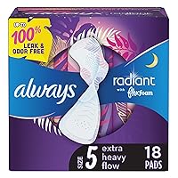 Always Radiant Flexfoam Pads for Women, Size 5, Extra Heavy Overnight Absorbency, With Wings, Scented, 18Count