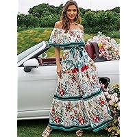 Women's Dress Floral Print Off Shoulder Ruffle Hem Belted Dress Women's Dress (Color : Multicolor, Size : Large)