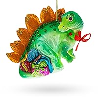 Roaring Green Dinosaur with Gifts - Blown Glass Christmas Ornament