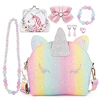 Unicorn Purse for Little Girls, 7Pcs Cute Kids Purse Crossbody Bags with Kids Dress Up Jewelry Set Pretend Play Accessories, Birthday Presents Unicorn Gifts Toy for Girl, Toddler