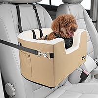 SlowTon Dog Car Seat for Small Dog, Elevated Booster Seat with Cushion and Safety Belt, Cover Removable Washable, Supports Pets Up to 18lbs(Brown)