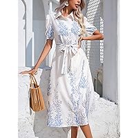 Dresses for Women Dress Women's Dress Plants Print Puff Sleeve Belted Dress Dress (Color : White, Size : Small)