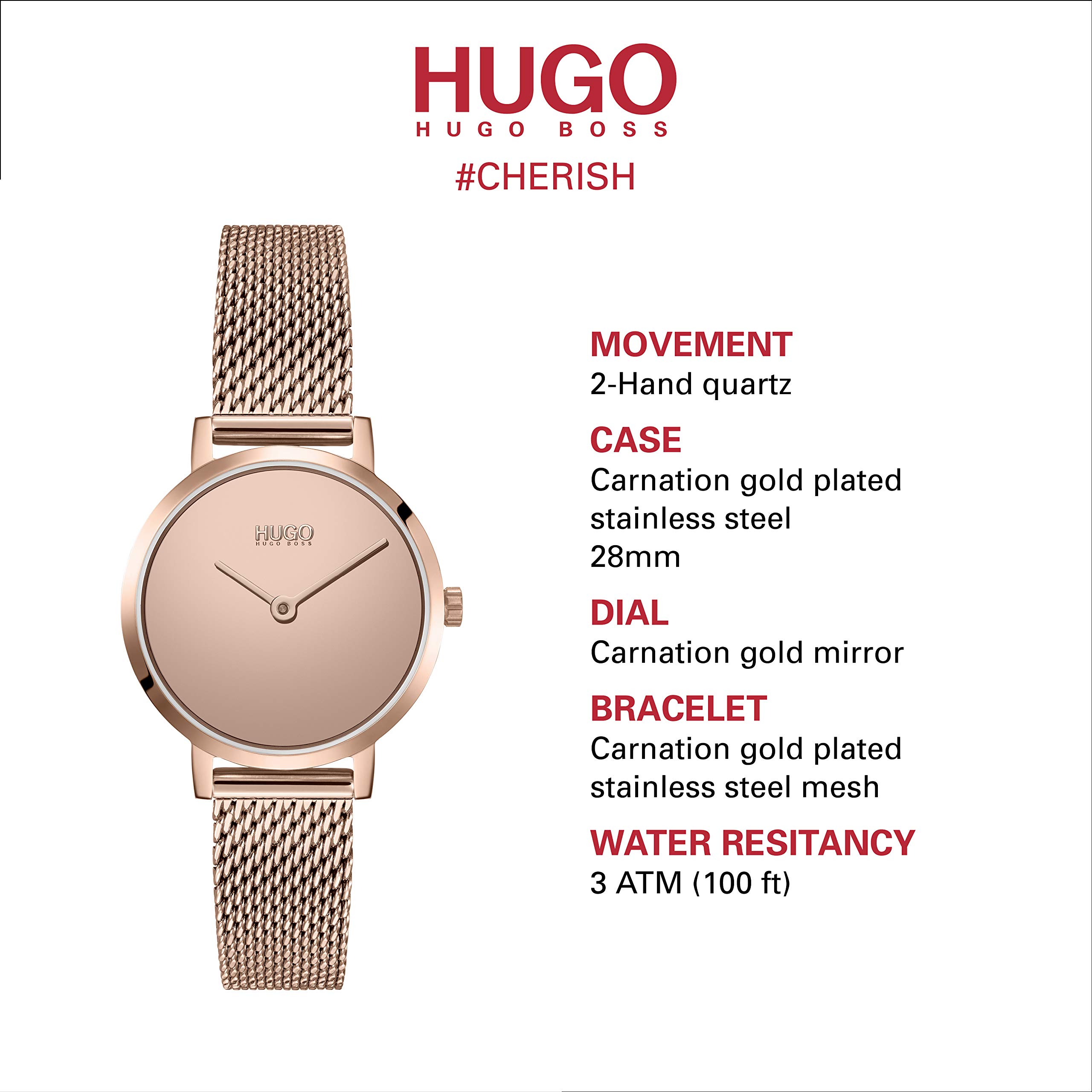 HUGO #Cherish Women's Quartz Stainless Steel and Mesh Bracelet Casual Watch, Color: Carnation (Model: 1540085)
