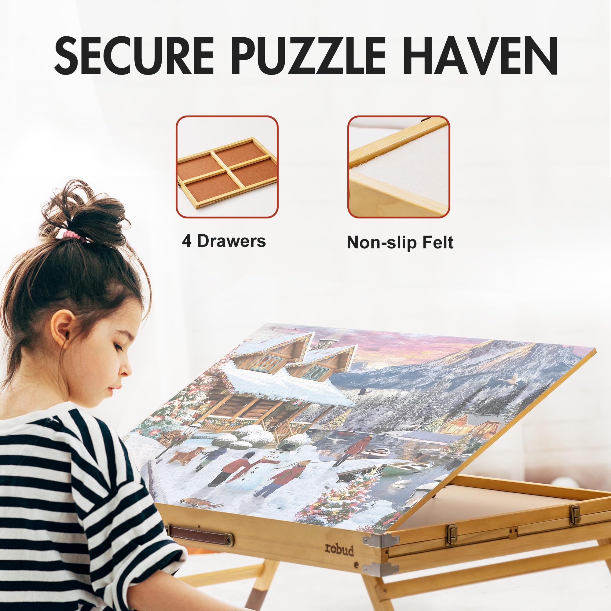 ROBUD 1500-Piece Puzzle Board, Wooden Puzzle Table with Cover, 3 Angle Adjustable and 4 Partitioned Drawers, 35.6” X 26.6” Jigsaw Puzzle Board Portable and Felted Anti-Skid Surface