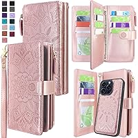 Harryshell Compatible with iPhone 15 Pro 5G 6.1 inch 2023 Wallet Case Detachable Removable Phone Cover Zipper Cash Pocket Multi Card Slots Wrist Strap Lanyard (Floral Rose Gold)