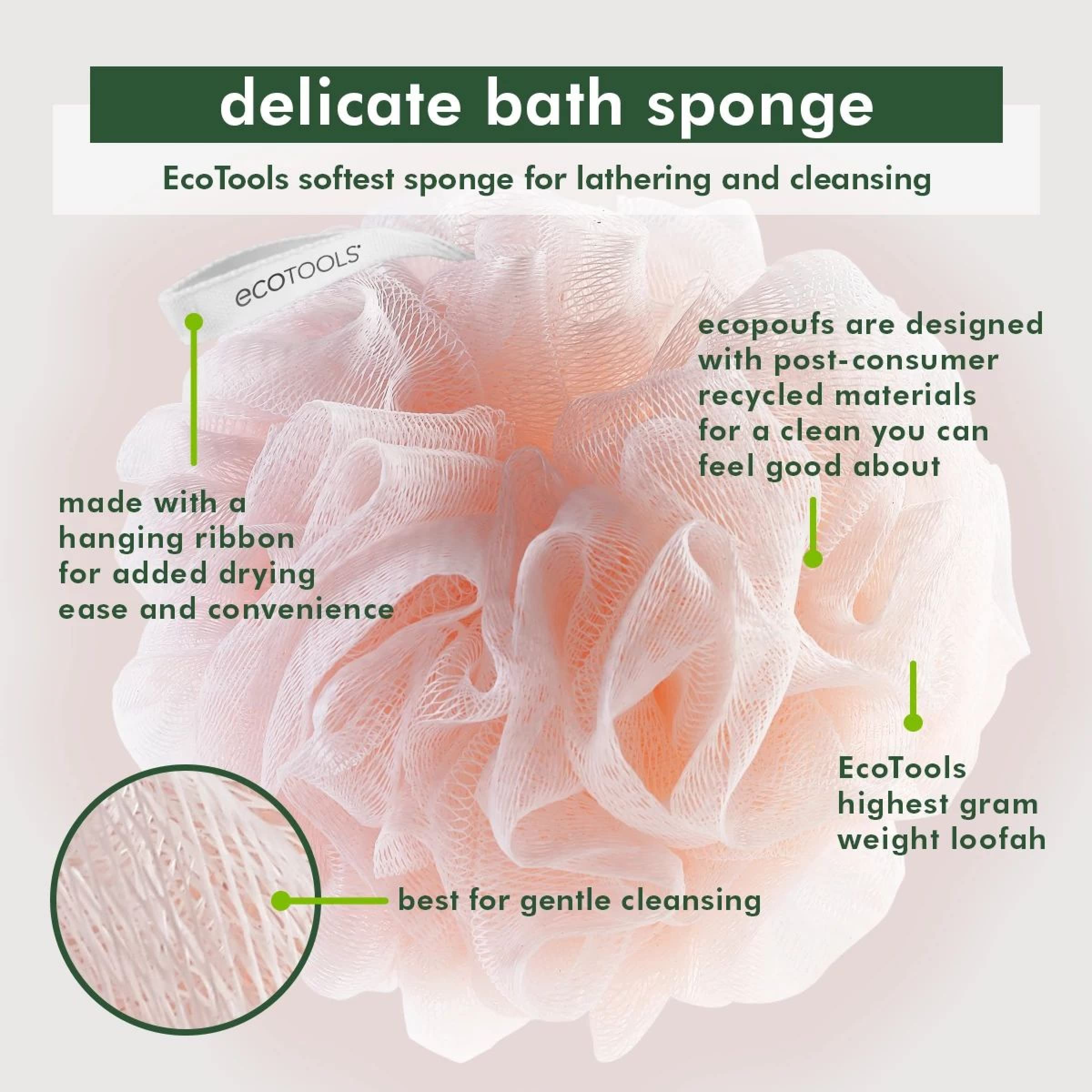 EcoTools Delicate EcoPouf Bath Sponge,Made With Recycled Materials,Exfoliating Bath Pouf,Loofah for Shower & Bath,In Assorted Colors,Green,White,Pink,and Gray,Perfect for Men & Women,6 Count