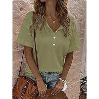 T-Shirt for Women Half Button Drop Shoulder Tee (Color : Lime Green, Size : X-Large)