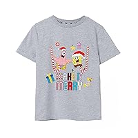 SpongeBob Squarepants Kids Christmas T-Shirt | Boys Girls Make It Merry Patrick Candy Cane Grey Short Sleeve Festive Top