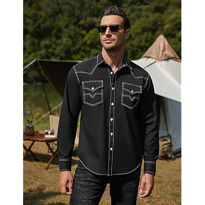 COOFANDY Men's Western Cowboy Shirts Long Sleeve Cotton Casual Button Down  Work Shirt with Pockets