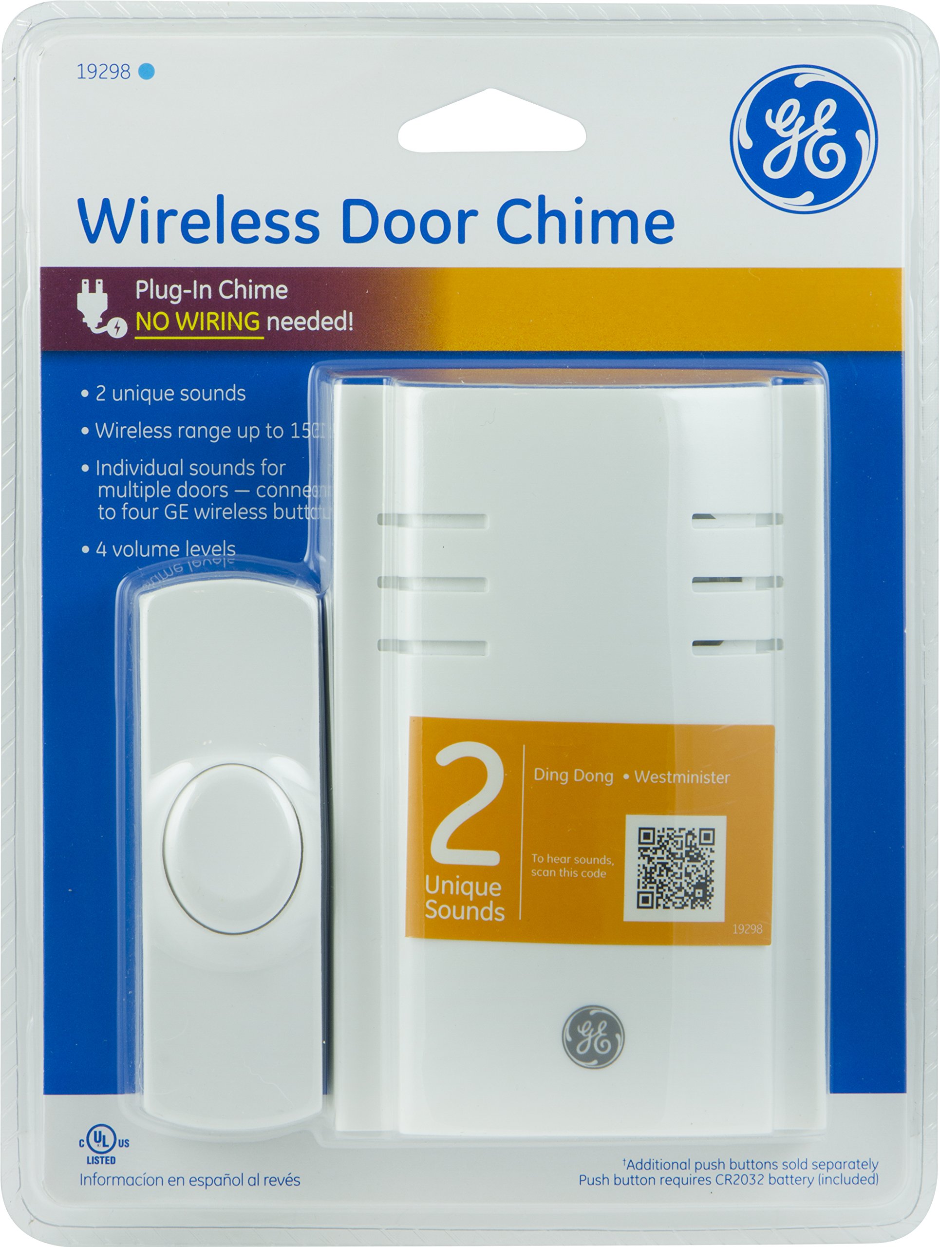 GE Wireless Plug-In Door Chime with One Push Button (2 Pack), 19298