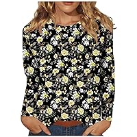 Long Sleeve Shirts for Women Solid Color Crewneck Loose Fit Floral Print Tops Casual Spring Tunic Basic Blouse