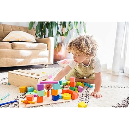 The Block Set by Lovevery, Solid Wood Building Blocks and Shapes + Wooden Storage Box, 70 Pieces, 18 Colors, 20+ Activities, for Children Ages 18 to 48+ Months