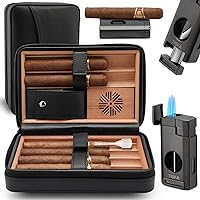AMANCY Classic Black Leather 4 Cigar Travel Case Humidor with Cutter and  Lighter Great Cigar Accessory Gift Set