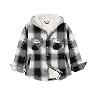 ZENTHACE Kids Boys Girls Sherpa Lined Flannel Shacket Jacket,Hooded Plaid Snap Shirt,Fall Winter Playwear