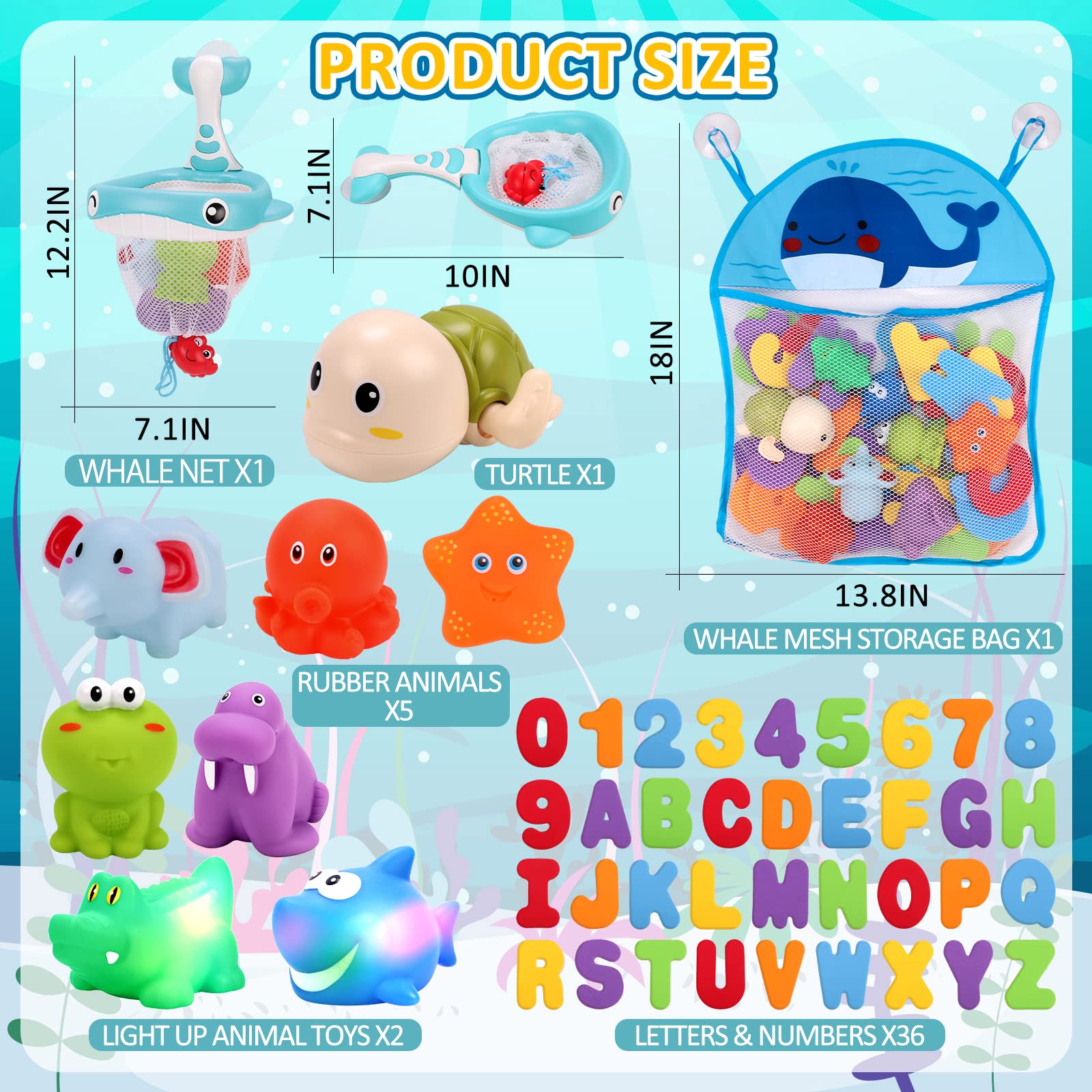 KaeKid Baby Bath Toys, 36 Foam Bath Letters & Numbers, Light up Bathtub Toys, Water Spray & Squeeze Bath Set with Fishing Net & Organizer Bag, Bath Water Toys for Kids Toddlers Gifts 3-6 Years Old
