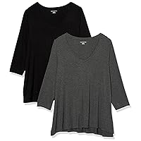 Amazon Essentials Women's 3/4 Sleeve V-Neck Swing T-Shirt (Available in Plus Size), Pack of 2
