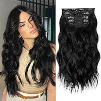 ALXNAN Clip in Long Wavy Synthetic Hair Extension 16 Inch Black 4PCS Thick Hairpieces Fiber Double Weft Hair for Women