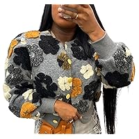 Women's Floral Cropped Bomber Jacket Fall Long Sleeve Button Down Varsity Jackets Coat Outerwear