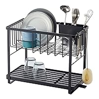 Home Tower Two-Tier Adjustable Dish Drainer Rack, Compact Drying Rack with Hooks, Utensils Holder - Steel -