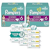Cruisers Disposable Baby Diapers Size 6, 2 Month Supply (2 x 108 Count) with Sensitive Water Based Baby Wipes 12X Multi Pack Pop-Top and Refill (1008 Count)