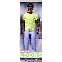 Looks Ken Doll, Collectible No. 25 with Curly Black Hair and Modern Y2K Fashion, Chartreuse Tee and Pastel Trousers with Silver Boots